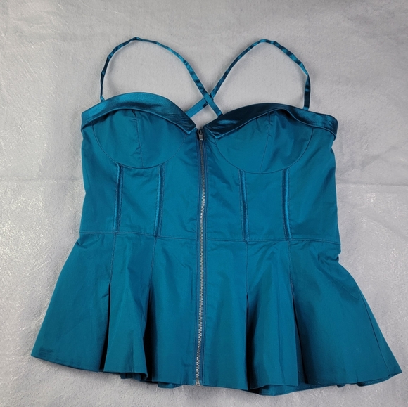 2b Bebe Ceena Peplum Bustier Couture Corset Top Front Zip Up Blue Turquoise NWT - Picture 6 of 7